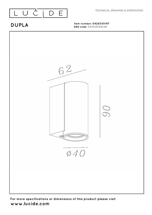 Lucide DUPLA - Wall spotlight / Wall light - 1xGU10 (MR11) - Rust Brown - technical